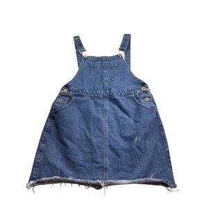 Top Feeling Denim Overall Mini Dress XS Distressed Cut Off Hem Adjustable Straps